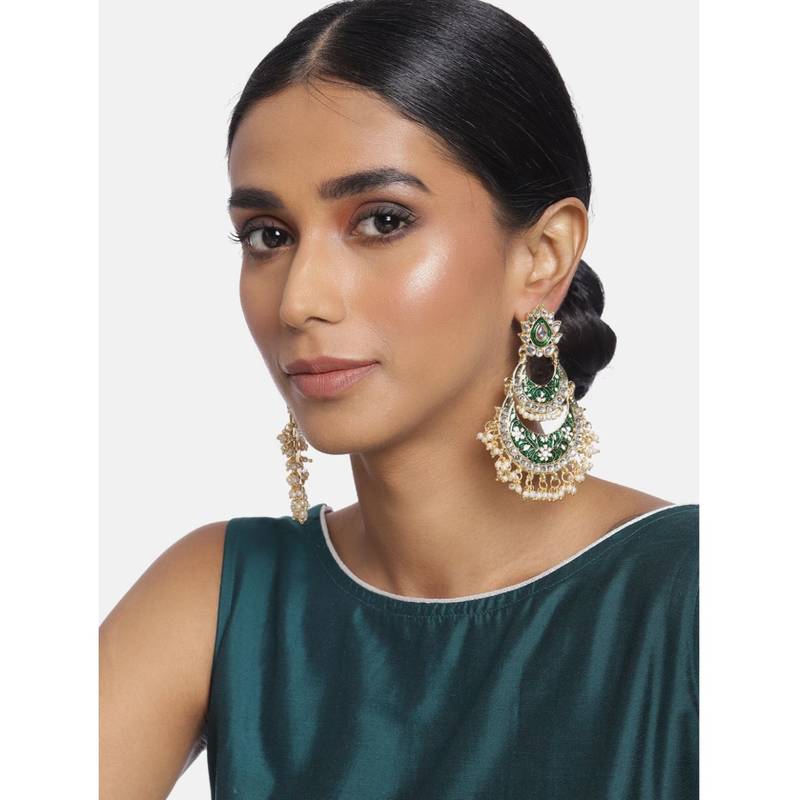 Women's Gold Plated Intricately Designed Traditional Meenakari Earrings Glided with Kundans & Pearls 