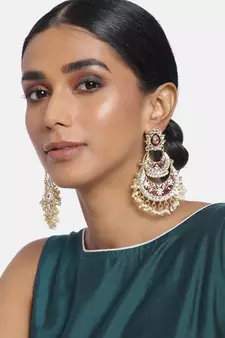 Women's Gold Plated Intricately Designed Traditional Meenakari Earrings Glided with Kundans & Pearls 