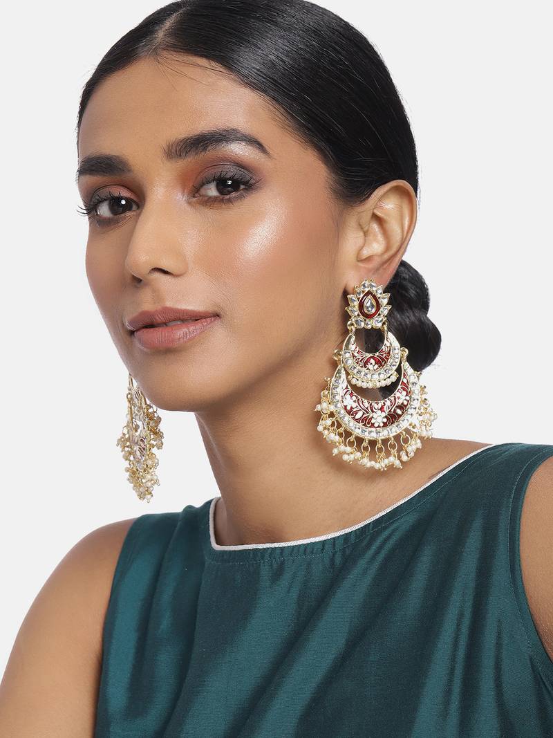 Women's Gold Plated Intricately Designed Traditional Meenakari Earrings Glided with Kundans & Pearls 