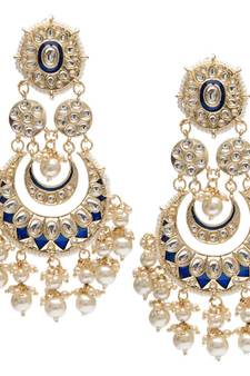 Gold Plated Intricately Designed Traditional Blue Meenakari Earrings Glided With Kundans & Pearls 