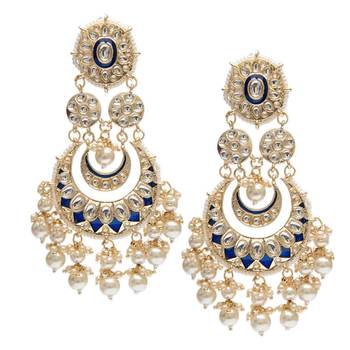 Gold Plated Intricately Designed Traditional Blue Meenakari Earrings Glided With Kundans & Pearls  1