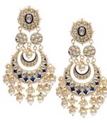 Gold Plated Intricately Designed Traditional Blue Meenakari Earrings Glided With Kundans & Pearls 