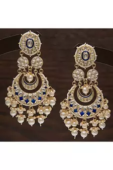 Gold Plated Intricately Designed Traditional Blue Meenakari Earrings Glided With Kundans & Pearls 