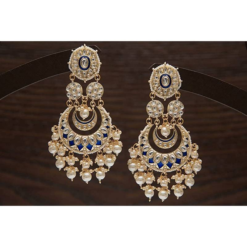 Gold Plated Intricately Designed Traditional Blue Meenakari Earrings Glided With Kundans & Pearls 