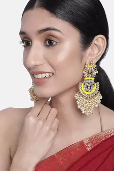 Gold Plated Traditional Handcrafted Meenakari Chandelier Earrings Glided With Pearl 