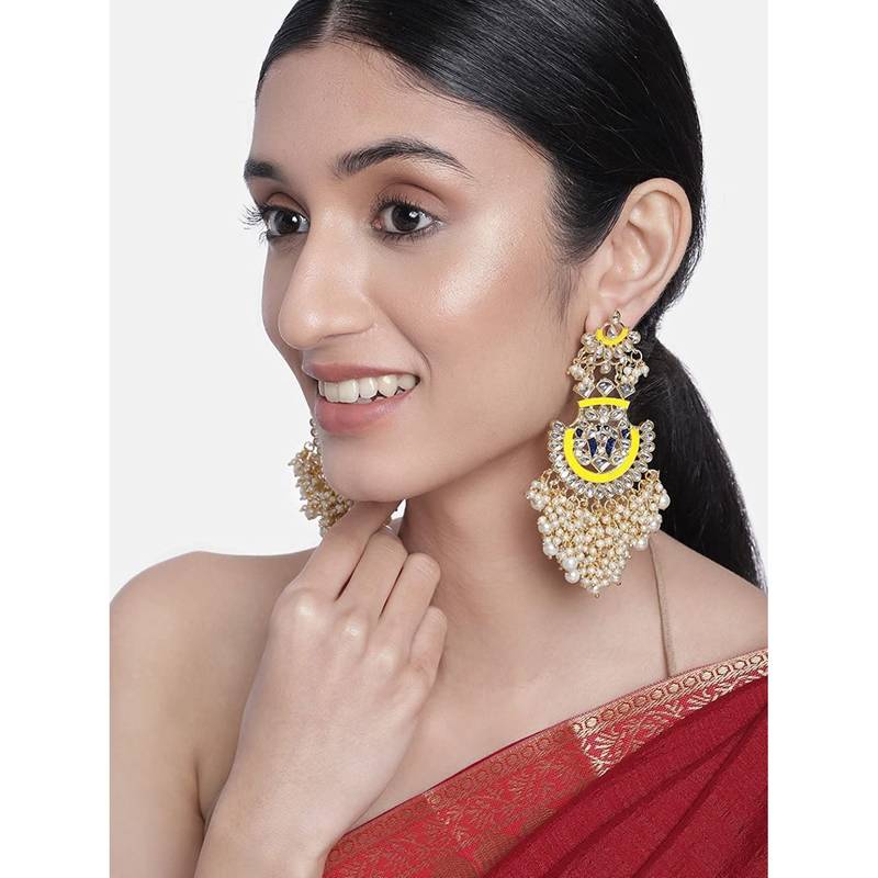 Gold Plated Traditional Handcrafted Meenakari Chandelier Earrings Glided With Pearl 