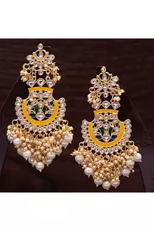 Gold Plated Traditional Handcrafted Meenakari Chandelier Earrings Glided With Pearl 