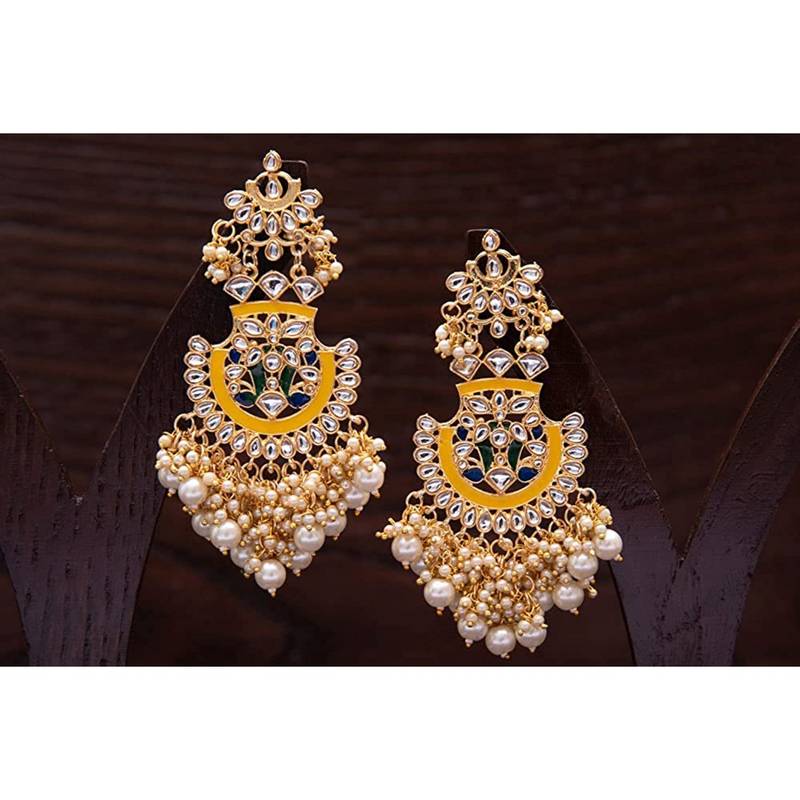 Gold Plated Traditional Handcrafted Meenakari Chandelier Earrings Glided With Pearl 