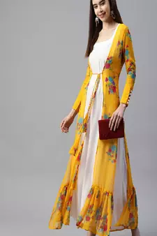SHADES Georgette yellow shrug paired with white tunic (set of 2)
