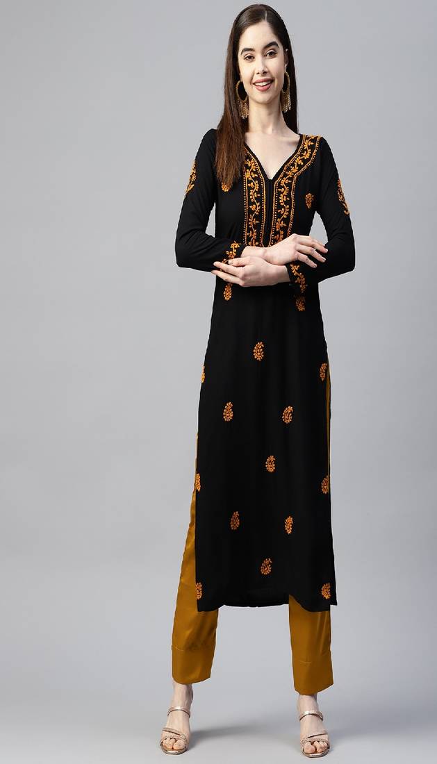 SHADES Chikankari black cotton kurti with mustard embroidery