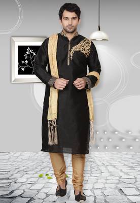 Black embroidered art dupion silk kurta-pajama 1