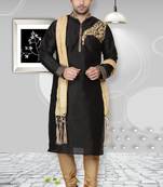 Black embroidered art dupion silk kurta-pajama