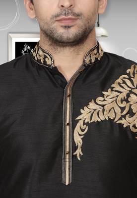Black embroidered art dupion silk kurta-pajama 2