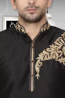 Black embroidered art dupion silk kurta-pajama