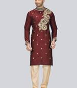Maroon embroidered art dupion silk kurta-pajama