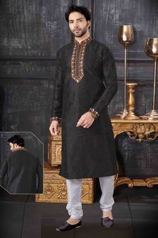 Black embroidered art dupion silk kurta-pajama