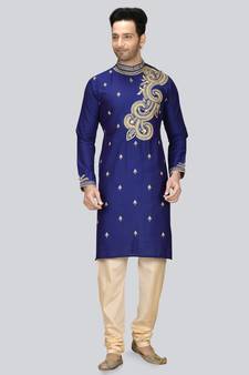 Blue embroidered art dupion silk kurta-pajama