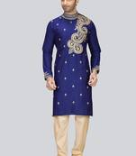 Blue embroidered art dupion silk kurta-pajama