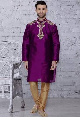 Purple embroidered art dupion silk kurta-pajama 1