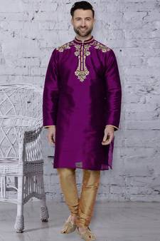 Purple embroidered art dupion silk kurta-pajama