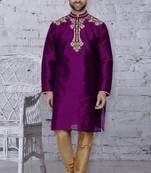 Purple embroidered art dupion silk kurta-pajama