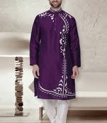 Purple embroidered art dupion silk kurta-pajama
