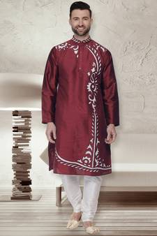 Maroon embroidered art dupion silk kurta-pajama