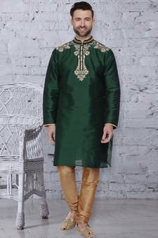 Green embroidered art dupion silk kurta-pajama