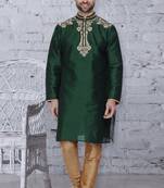 Green embroidered art dupion silk kurta-pajama