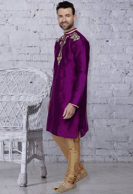 Purple embroidered art dupion silk kurta-pajama 2