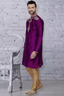 Purple embroidered art dupion silk kurta-pajama