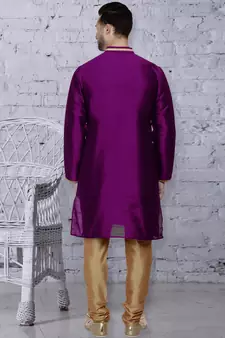 Purple embroidered art dupion silk kurta-pajama