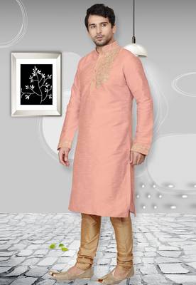 Beige embroidered art dupion silk kurta-pajama 1