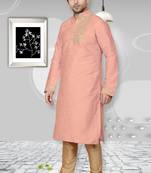 Beige embroidered art dupion silk kurta-pajama