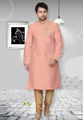 Beige embroidered art dupion silk kurta-pajama 3