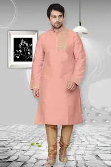 Beige embroidered art dupion silk kurta-pajama