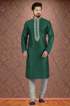 Green embroidered art dupion silk kurta-pajama