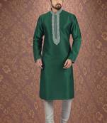 Green embroidered art dupion silk kurta-pajama