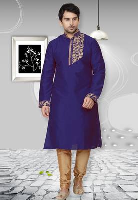 Blue embroidered art dupion silk kurta-pajama 1