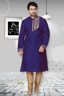 Blue embroidered art dupion silk kurta-pajama