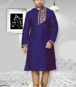 Blue embroidered art dupion silk kurta-pajama