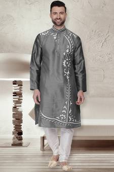 Grey embroidered art dupion silk kurta-pajama