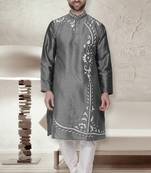 Grey embroidered art dupion silk kurta-pajama