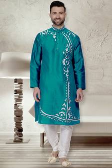 Green embroidered art dupion silk kurta-pajama