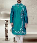 Green embroidered art dupion silk kurta-pajama