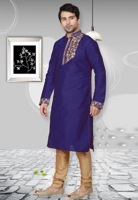 Blue embroidered art dupion silk kurta-pajama 2