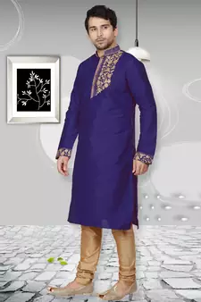 Blue embroidered art dupion silk kurta-pajama