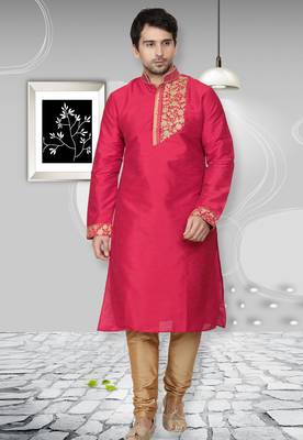 Pink embroidered art dupion silk kurta-pajama 1