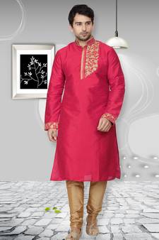 Pink embroidered art dupion silk kurta-pajama