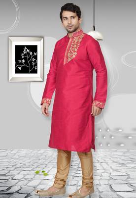Pink embroidered art dupion silk kurta-pajama 2